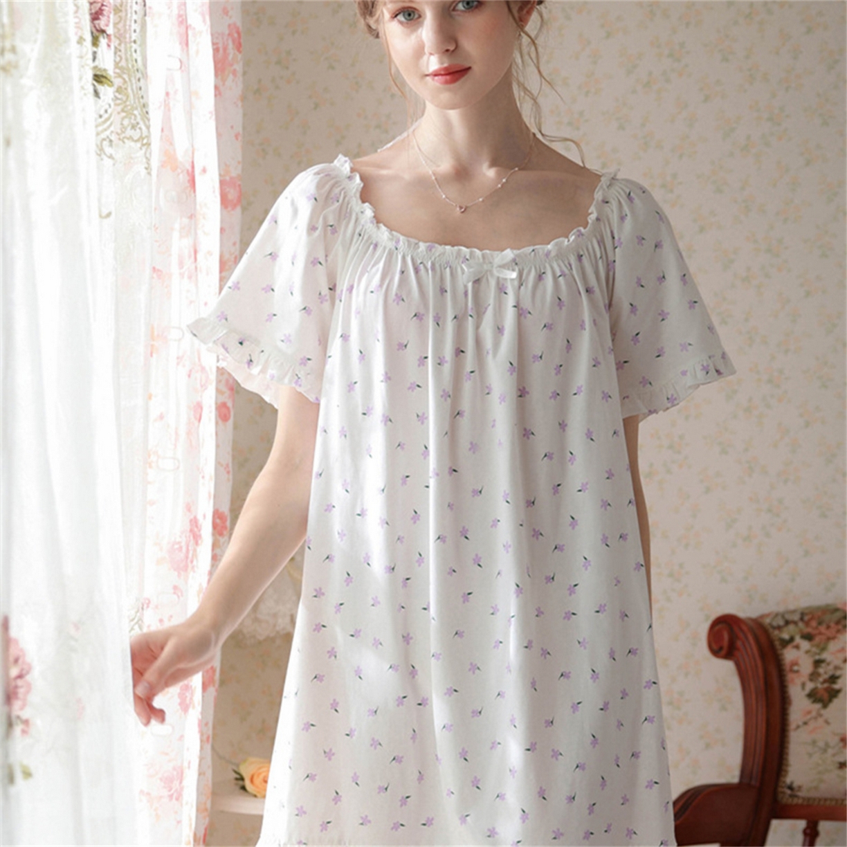 91家纺网 家纺一手货源 找家纺 洛兰沙家居馆 2026新款睡裙短袖新品宽松大码短裙女夏宫廷甜美公主可爱批发睡衣家居服 花色8