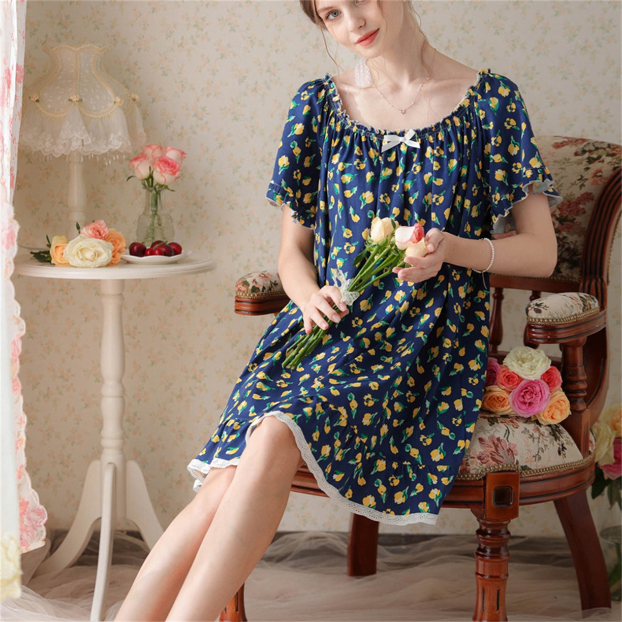 91家纺网 家纺一手货源 找家纺 （总）洛兰沙家居馆 2026新款睡裙短袖新品宽松大码短裙女夏宫廷甜美公主可爱批发睡衣家居服