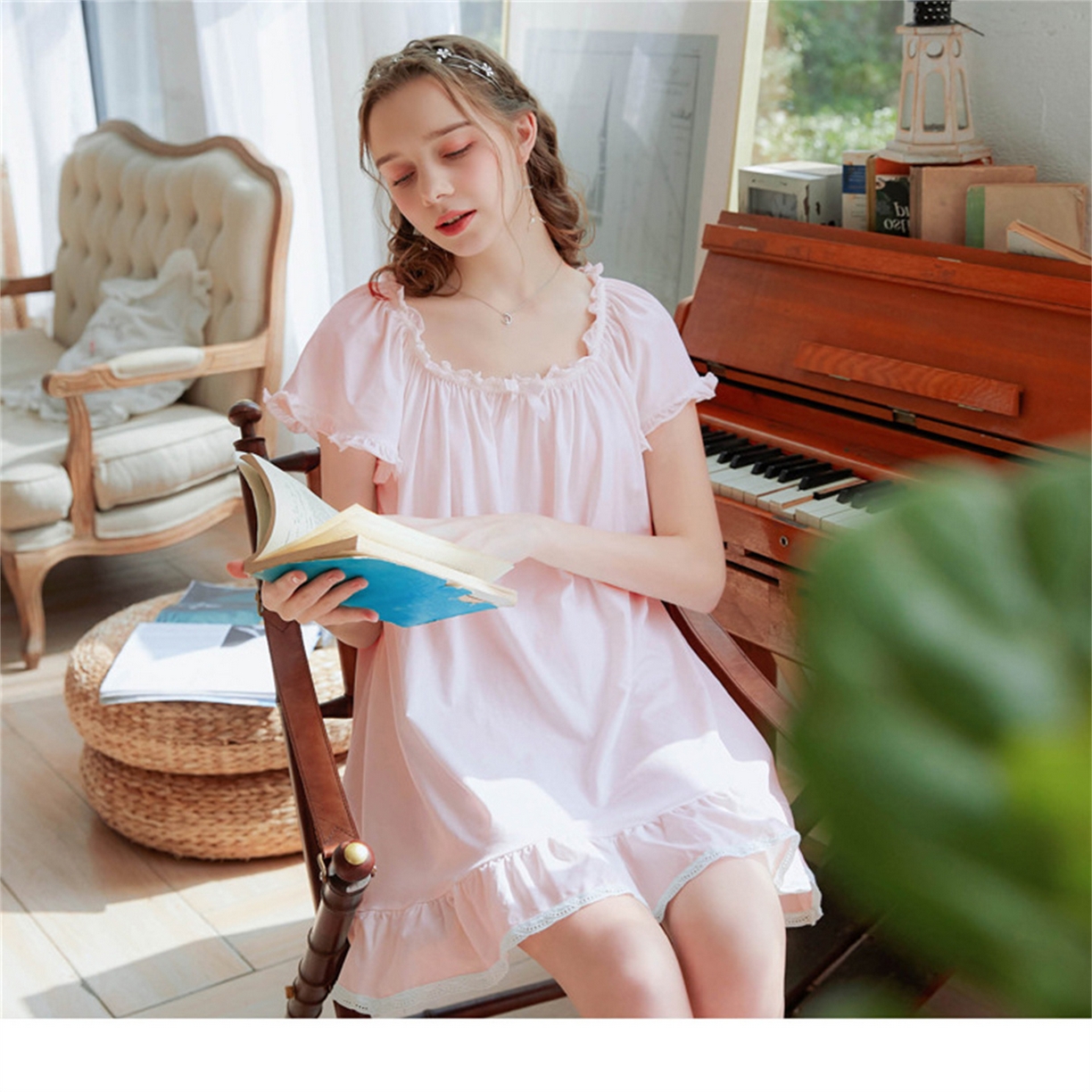 91家纺网 家纺一手货源 找家纺 洛兰沙家居馆 2026新款睡裙短袖新品宽松大码短裙女夏宫廷甜美公主可爱批发睡衣家居服 花色1