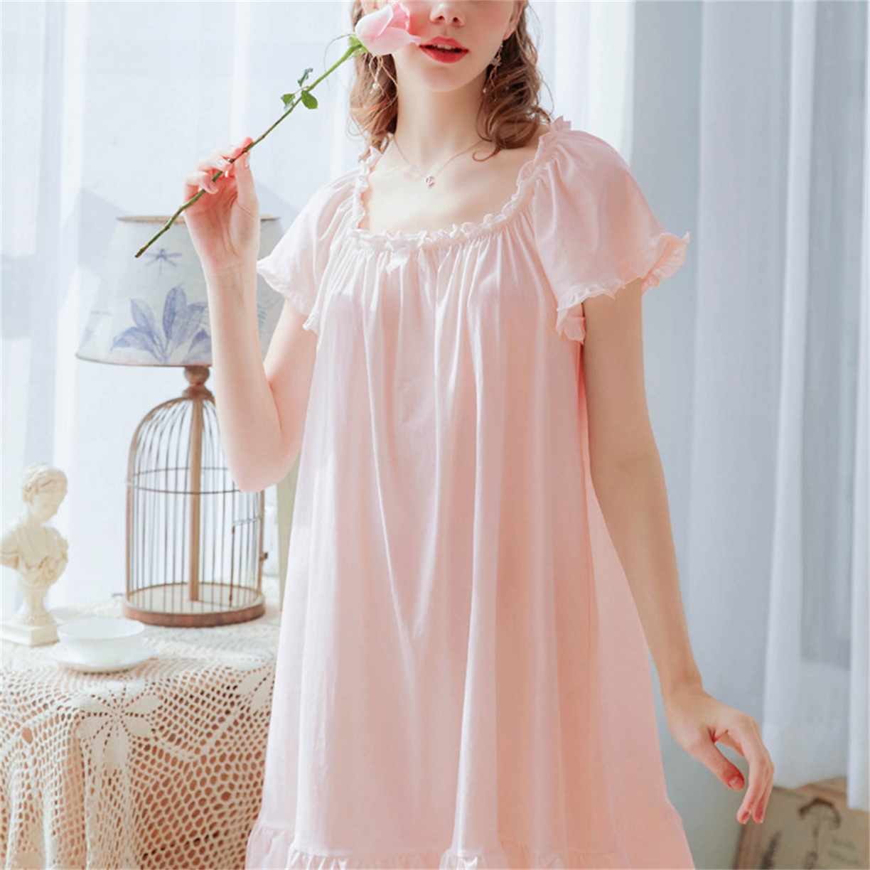 91家纺网 家纺一手货源 找家纺 洛兰沙家居馆 2026新款睡裙短袖新品宽松大码短裙女夏宫廷甜美公主可爱批发睡衣家居服 花色1