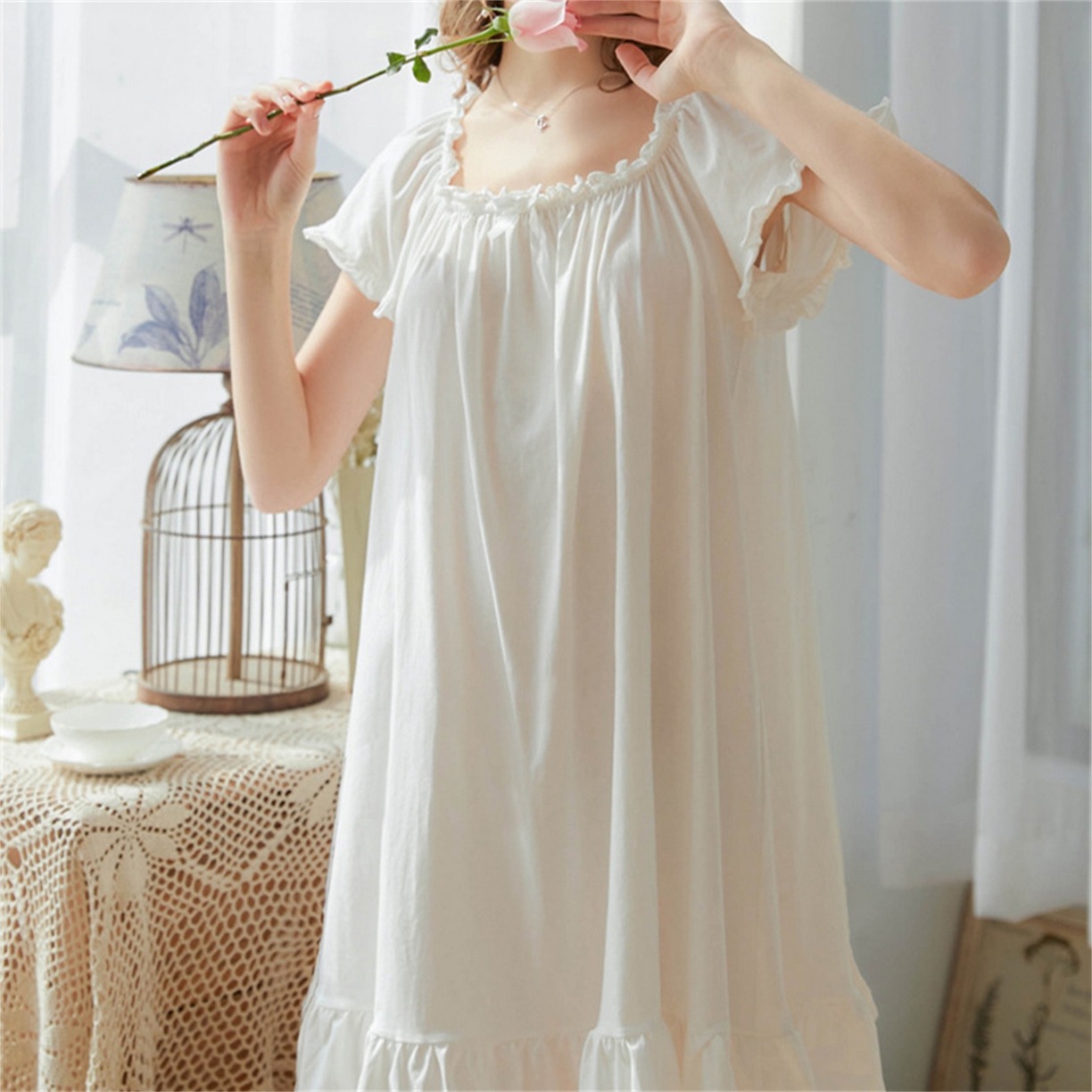 洛兰沙家居馆 2026新款睡裙短袖新品宽松大码短裙女夏宫廷甜美公主可爱批发睡衣家居服 花色2