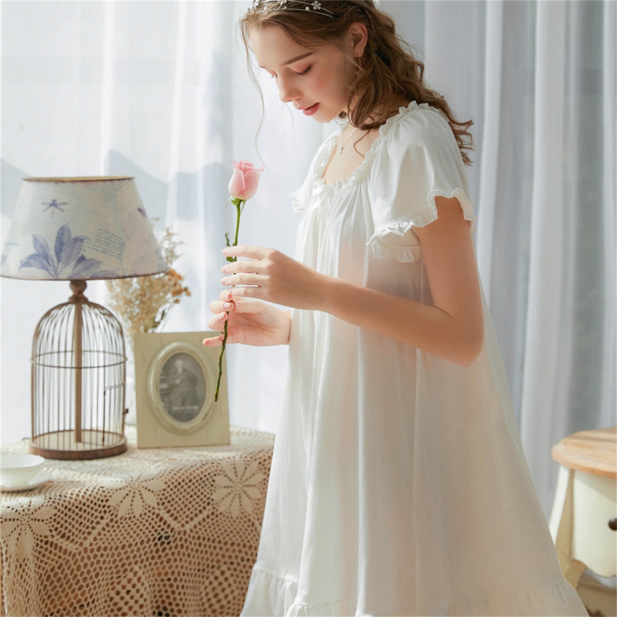 91家纺网 家纺一手货源 找家纺 洛兰沙家居馆 2026新款睡裙短袖新品宽松大码短裙女夏宫廷甜美公主可爱批发睡衣家居服 花色2