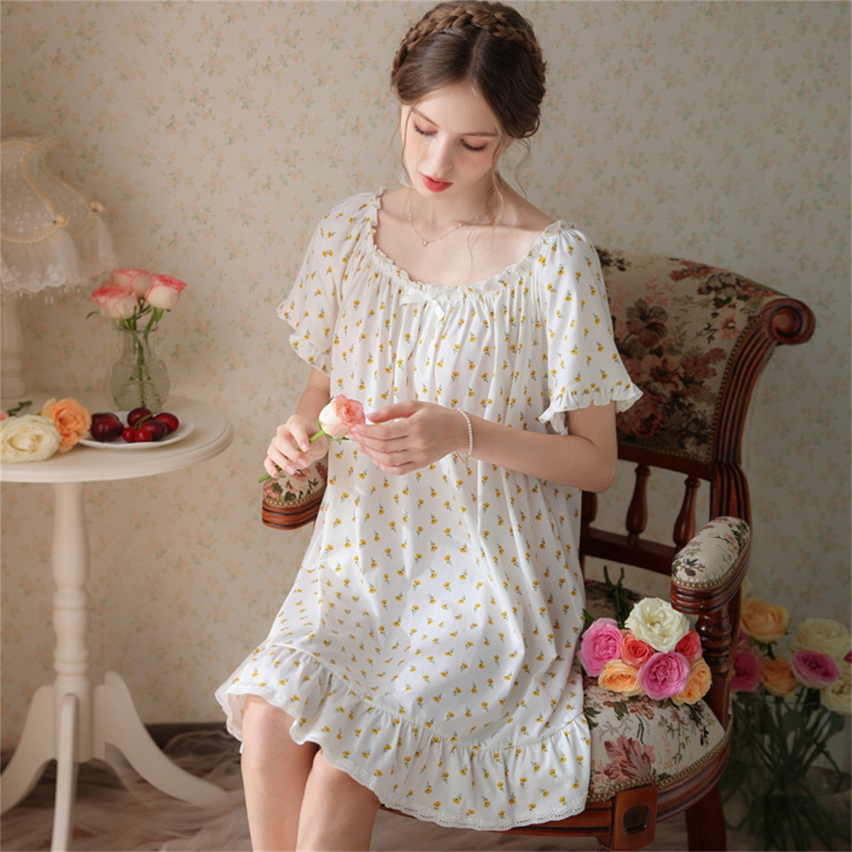 洛兰沙家居馆 2026新款睡裙短袖新品宽松大码短裙女夏宫廷甜美公主可爱批发睡衣家居服 花色3