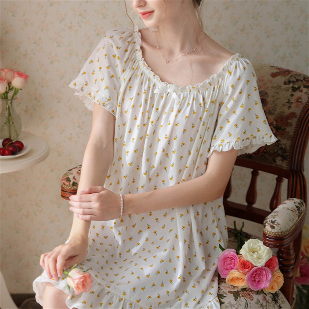 91家纺网 家纺一手货源 找家纺 洛兰沙家居馆 2026新款睡裙短袖新品宽松大码短裙女夏宫廷甜美公主可爱批发睡衣家居服 花色3