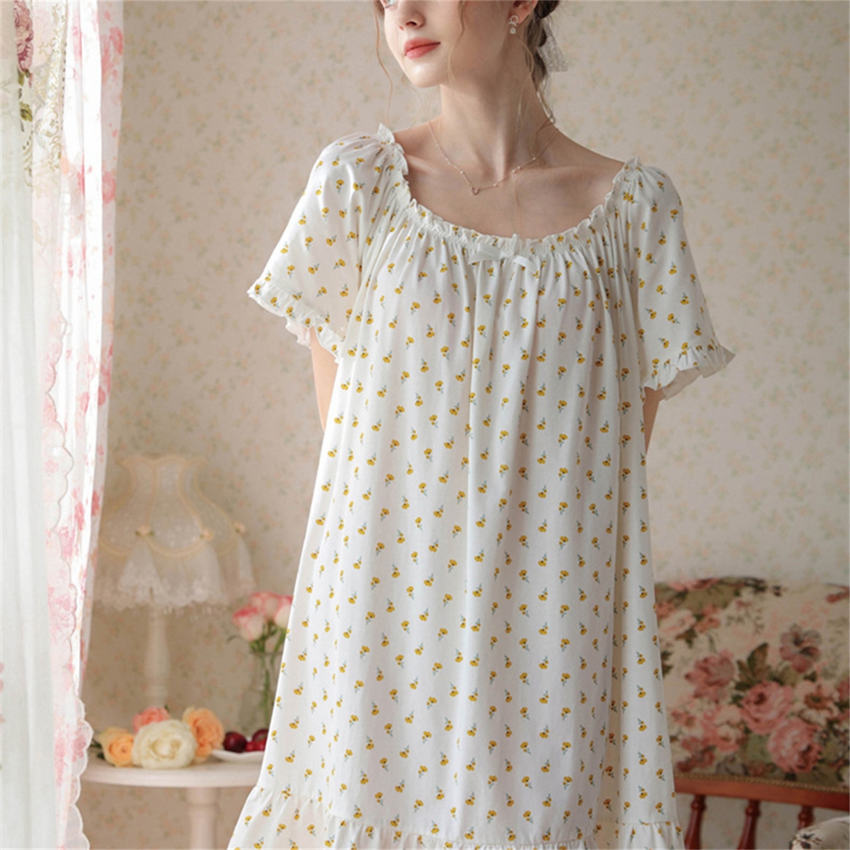 91家纺网 家纺一手货源 找家纺 洛兰沙家居馆 2026新款睡裙短袖新品宽松大码短裙女夏宫廷甜美公主可爱批发睡衣家居服 花色3