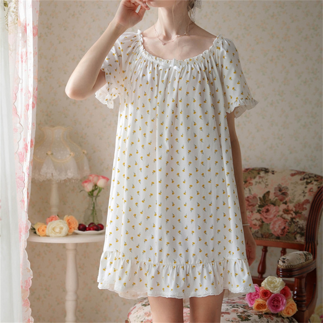 91家纺网 家纺一手货源 找家纺 洛兰沙家居馆 2026新款睡裙短袖新品宽松大码短裙女夏宫廷甜美公主可爱批发睡衣家居服 花色3