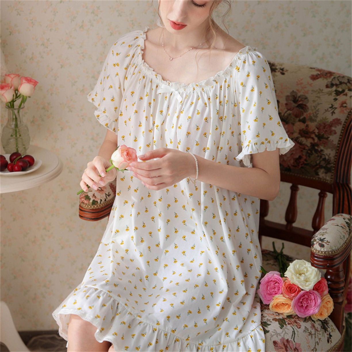 91家纺网 家纺一手货源 找家纺 洛兰沙家居馆 2026新款睡裙短袖新品宽松大码短裙女夏宫廷甜美公主可爱批发睡衣家居服 花色3