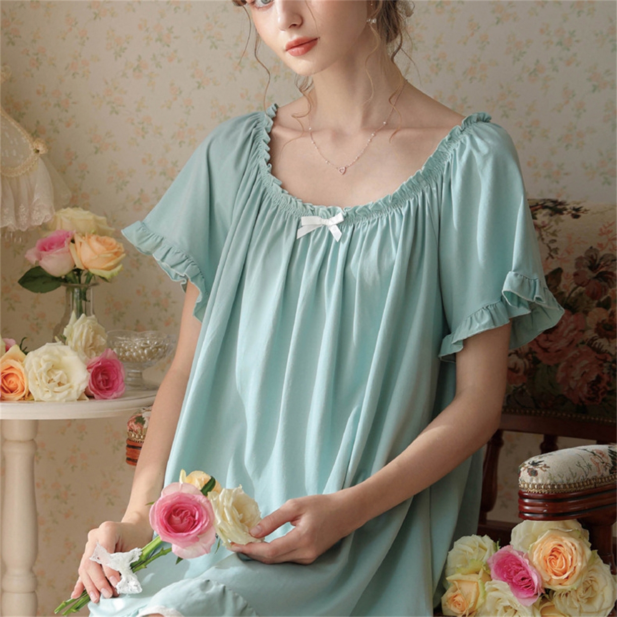 91家纺网 家纺一手货源 找家纺 洛兰沙家居馆 2026新款睡裙短袖新品宽松大码短裙女夏宫廷甜美公主可爱批发睡衣家居服 花色4