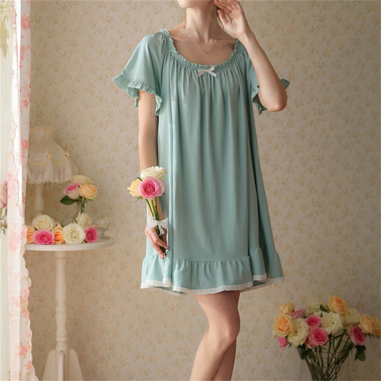 91家纺网 家纺一手货源 找家纺 洛兰沙家居馆 2026新款睡裙短袖新品宽松大码短裙女夏宫廷甜美公主可爱批发睡衣家居服 花色4