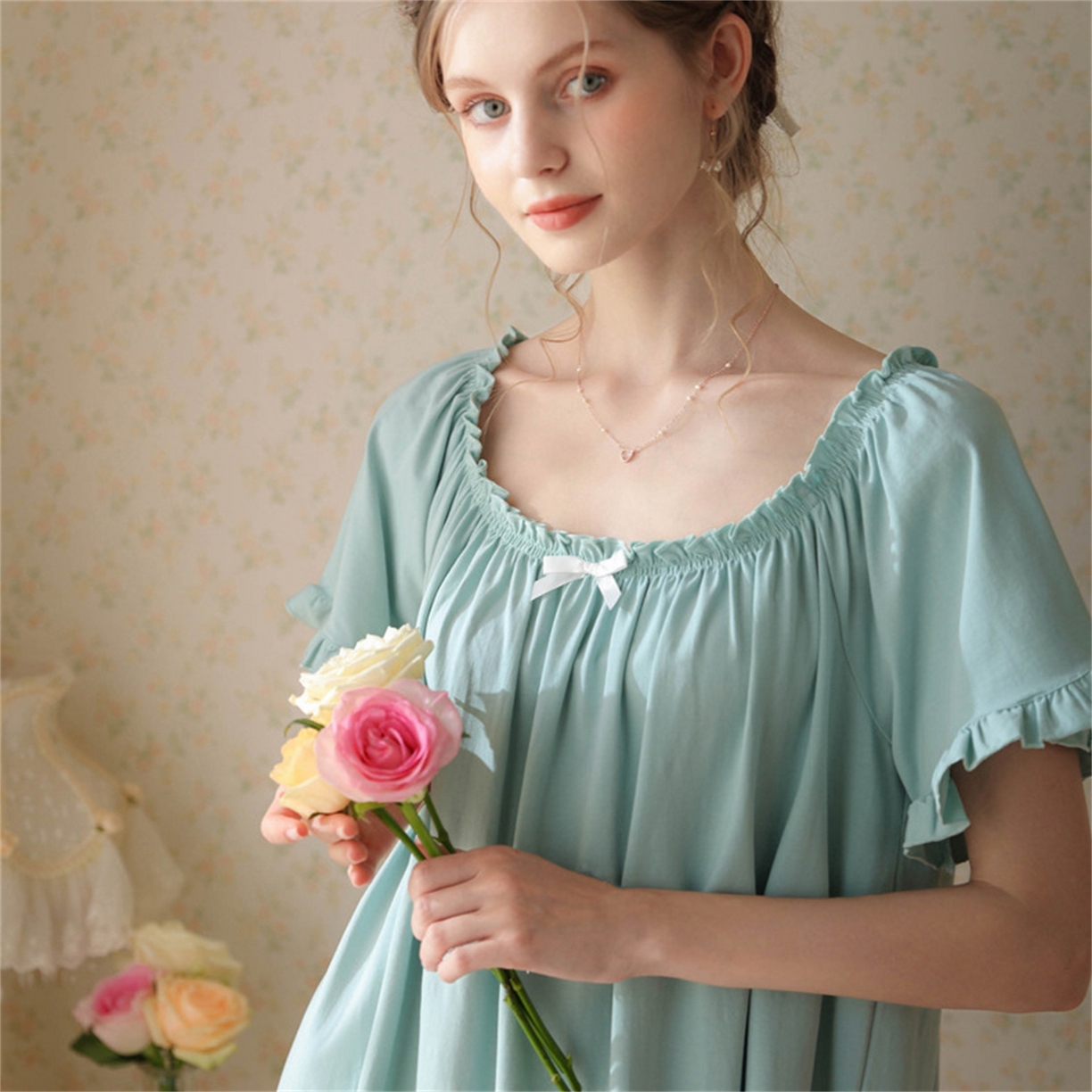 91家纺网 家纺一手货源 找家纺 洛兰沙家居馆 2026新款睡裙短袖新品宽松大码短裙女夏宫廷甜美公主可爱批发睡衣家居服 花色4