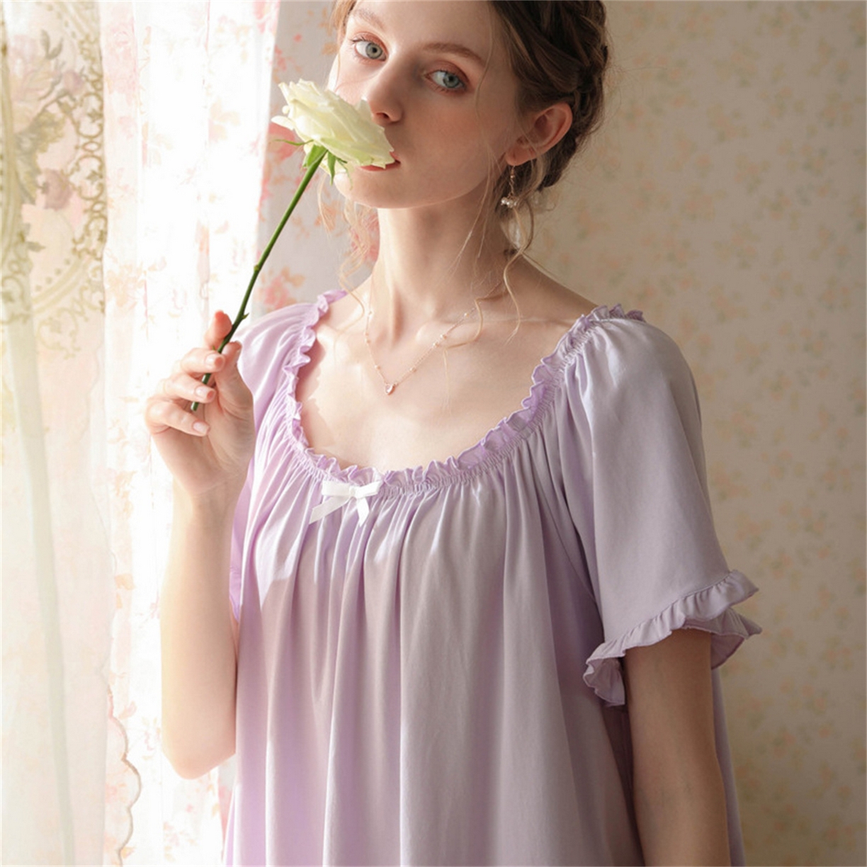 91家纺网 家纺一手货源 找家纺 洛兰沙家居馆 2026新款睡裙短袖新品宽松大码短裙女夏宫廷甜美公主可爱批发睡衣家居服 花色5