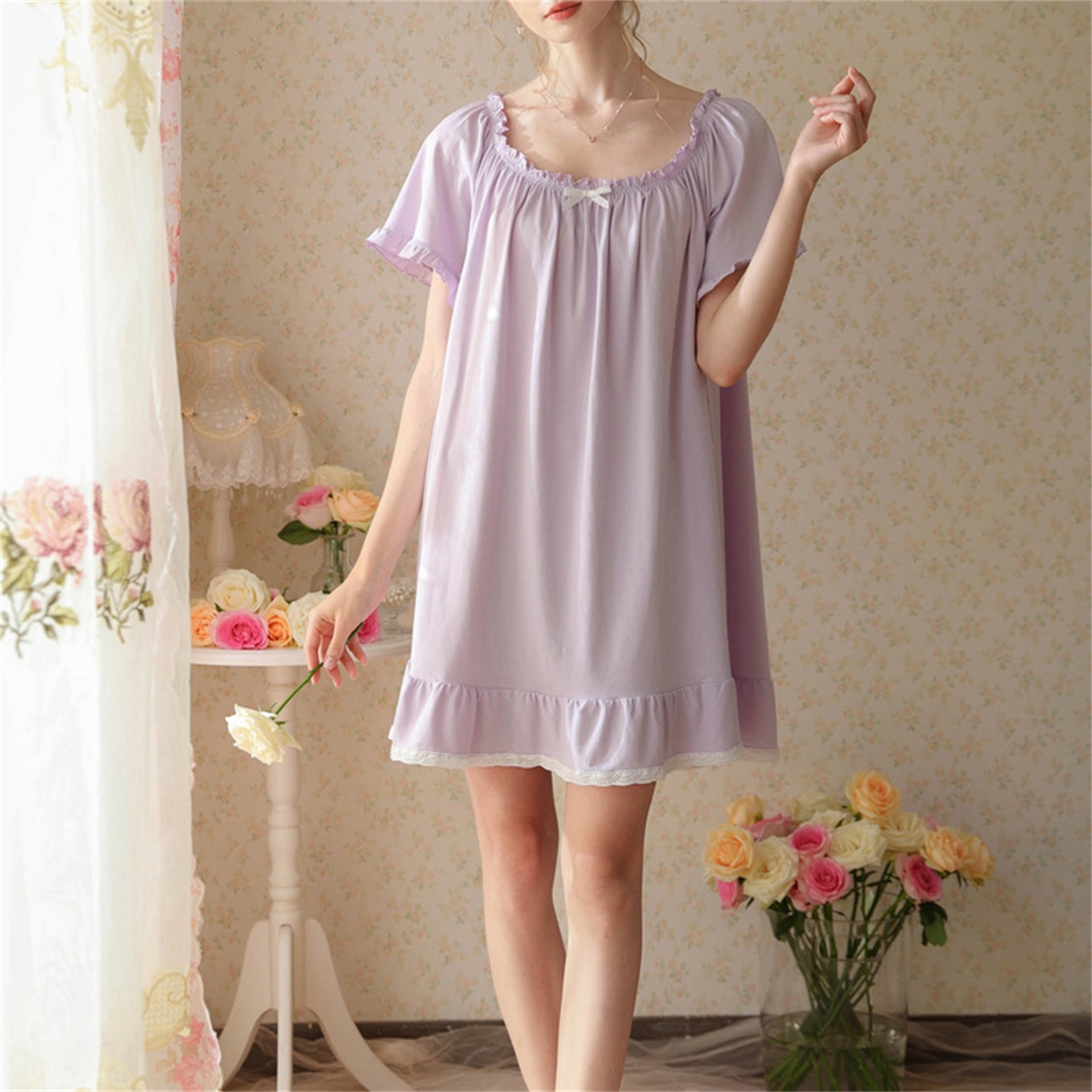 91家纺网 家纺一手货源 找家纺 洛兰沙家居馆 2026新款睡裙短袖新品宽松大码短裙女夏宫廷甜美公主可爱批发睡衣家居服 花色5