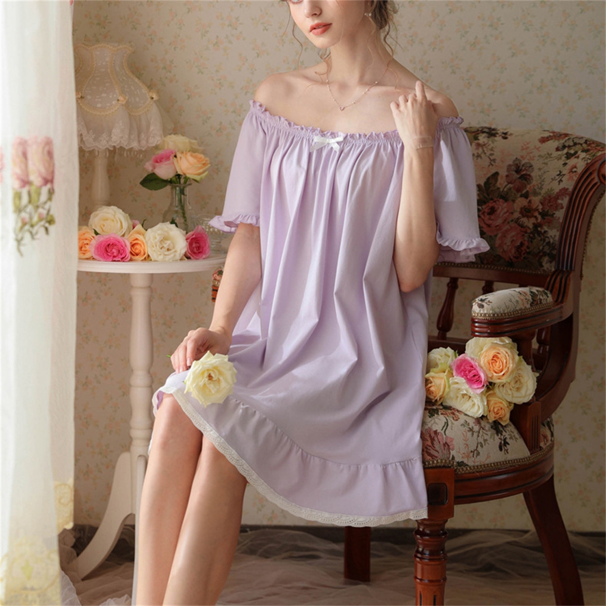 91家纺网 家纺一手货源 找家纺 洛兰沙家居馆 2026新款睡裙短袖新品宽松大码短裙女夏宫廷甜美公主可爱批发睡衣家居服 花色5