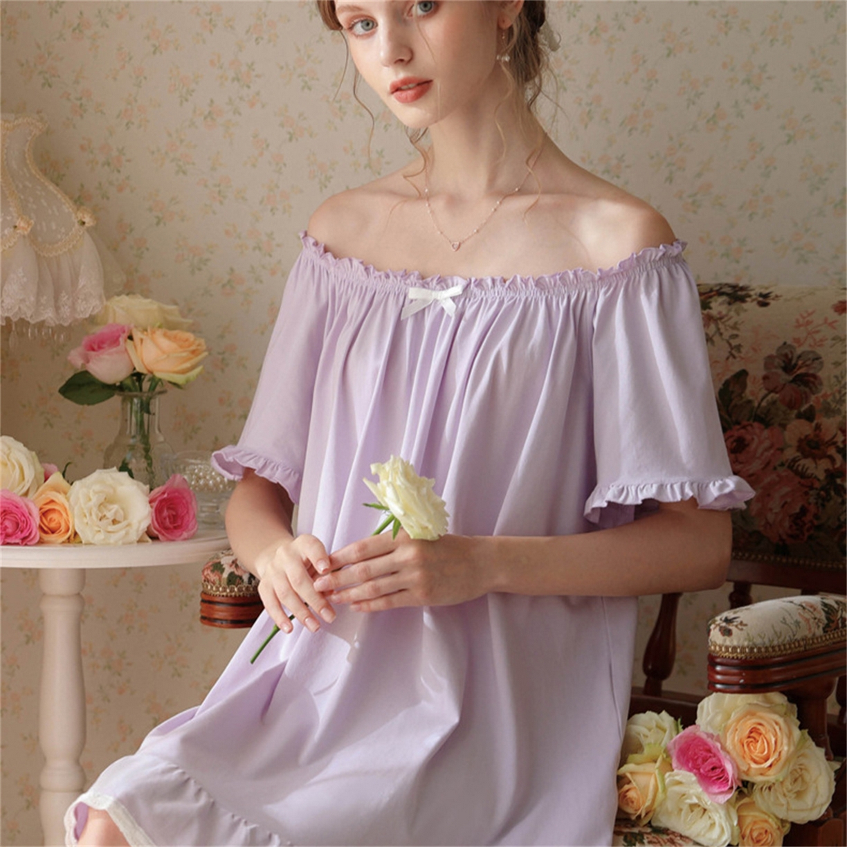 91家纺网 家纺一手货源 找家纺 洛兰沙家居馆 2026新款睡裙短袖新品宽松大码短裙女夏宫廷甜美公主可爱批发睡衣家居服 花色5