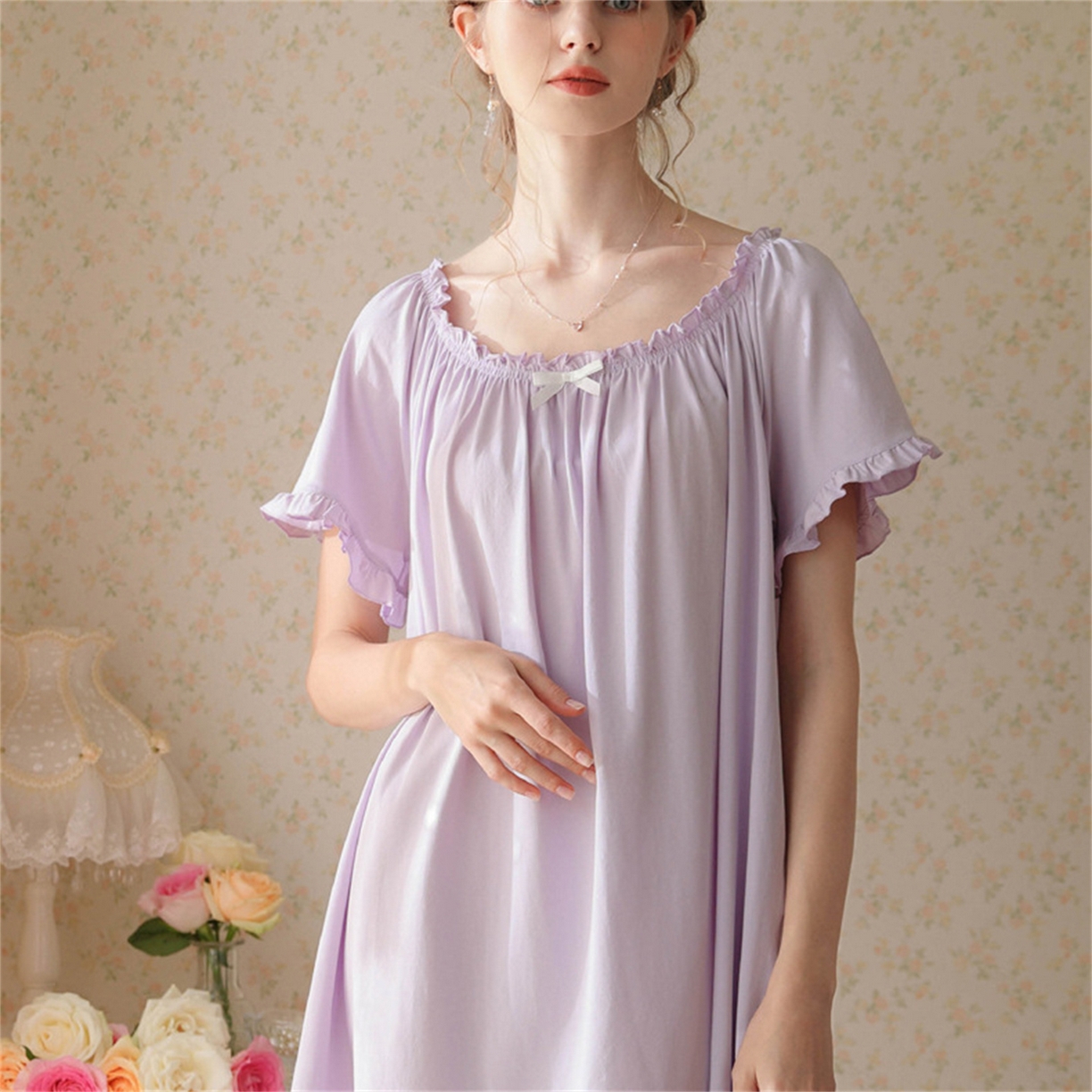 91家纺网 家纺一手货源 找家纺 洛兰沙家居馆 2026新款睡裙短袖新品宽松大码短裙女夏宫廷甜美公主可爱批发睡衣家居服 花色5