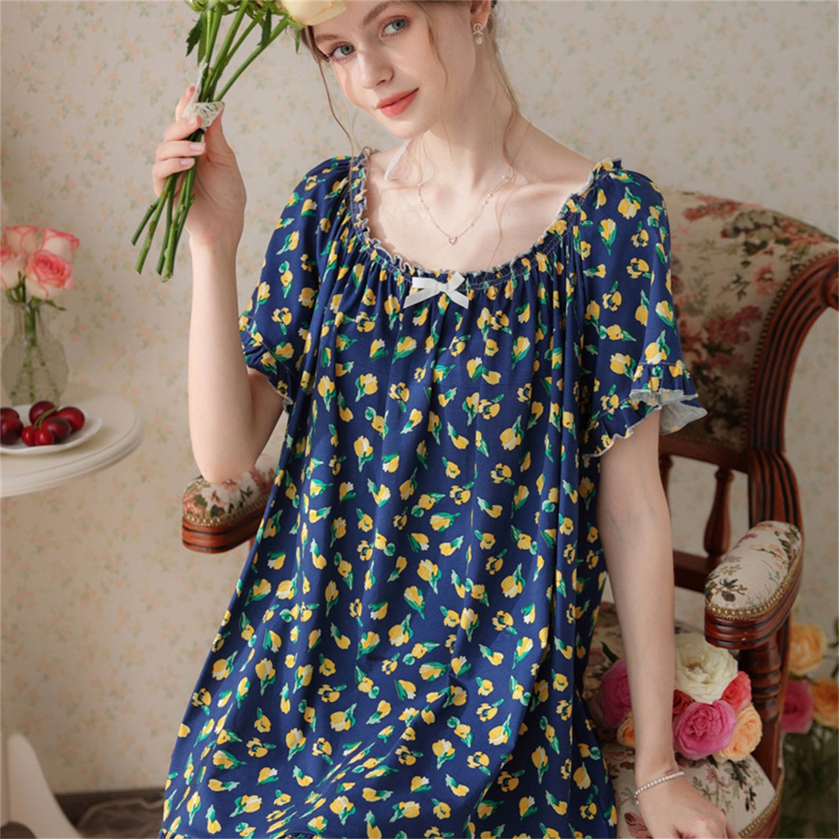 91家纺网 家纺一手货源 找家纺 洛兰沙家居馆 2026新款睡裙短袖新品宽松大码短裙女夏宫廷甜美公主可爱批发睡衣家居服 花色6