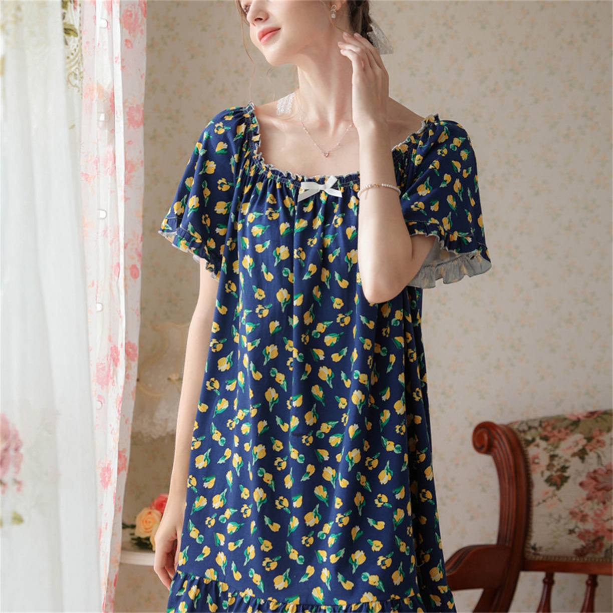 91家纺网 家纺一手货源 找家纺 洛兰沙家居馆 2026新款睡裙短袖新品宽松大码短裙女夏宫廷甜美公主可爱批发睡衣家居服 花色6