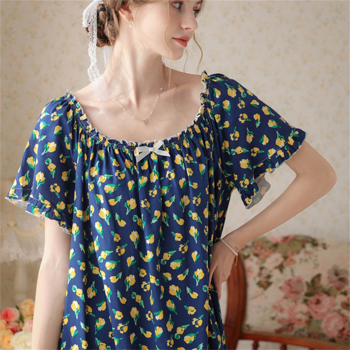 91家纺网 家纺一手货源 找家纺 洛兰沙家居馆 2026新款睡裙短袖新品宽松大码短裙女夏宫廷甜美公主可爱批发睡衣家居服 花色6