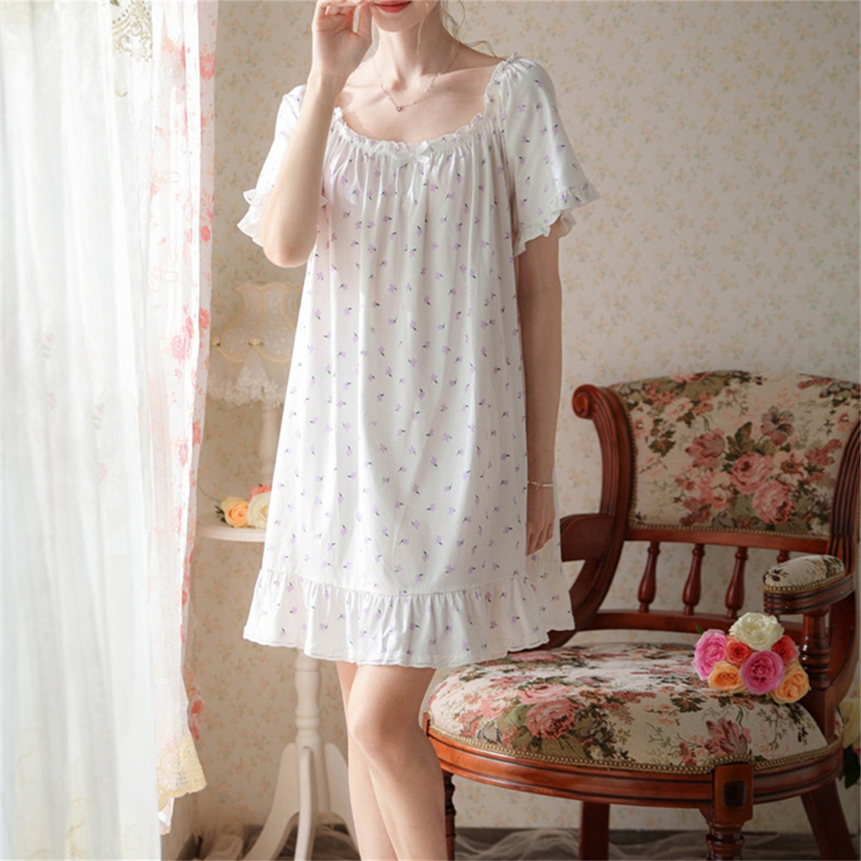 91家纺网 家纺一手货源 找家纺 洛兰沙家居馆 2026新款睡裙短袖新品宽松大码短裙女夏宫廷甜美公主可爱批发睡衣家居服 花色8