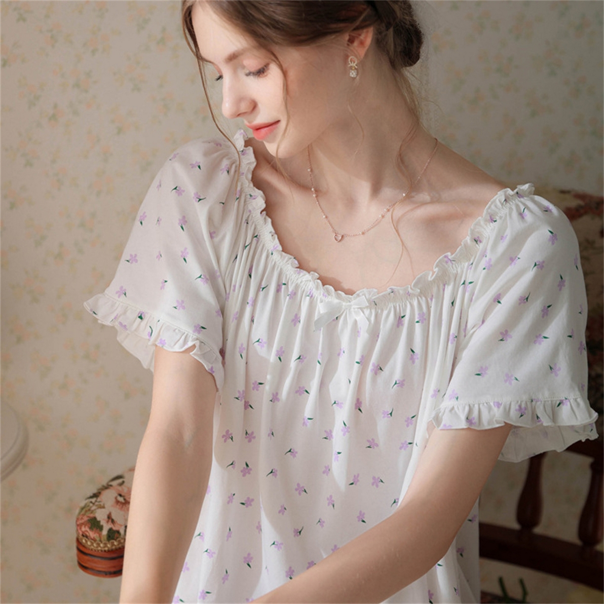 91家纺网 家纺一手货源 找家纺 洛兰沙家居馆 2026新款睡裙短袖新品宽松大码短裙女夏宫廷甜美公主可爱批发睡衣家居服 花色8