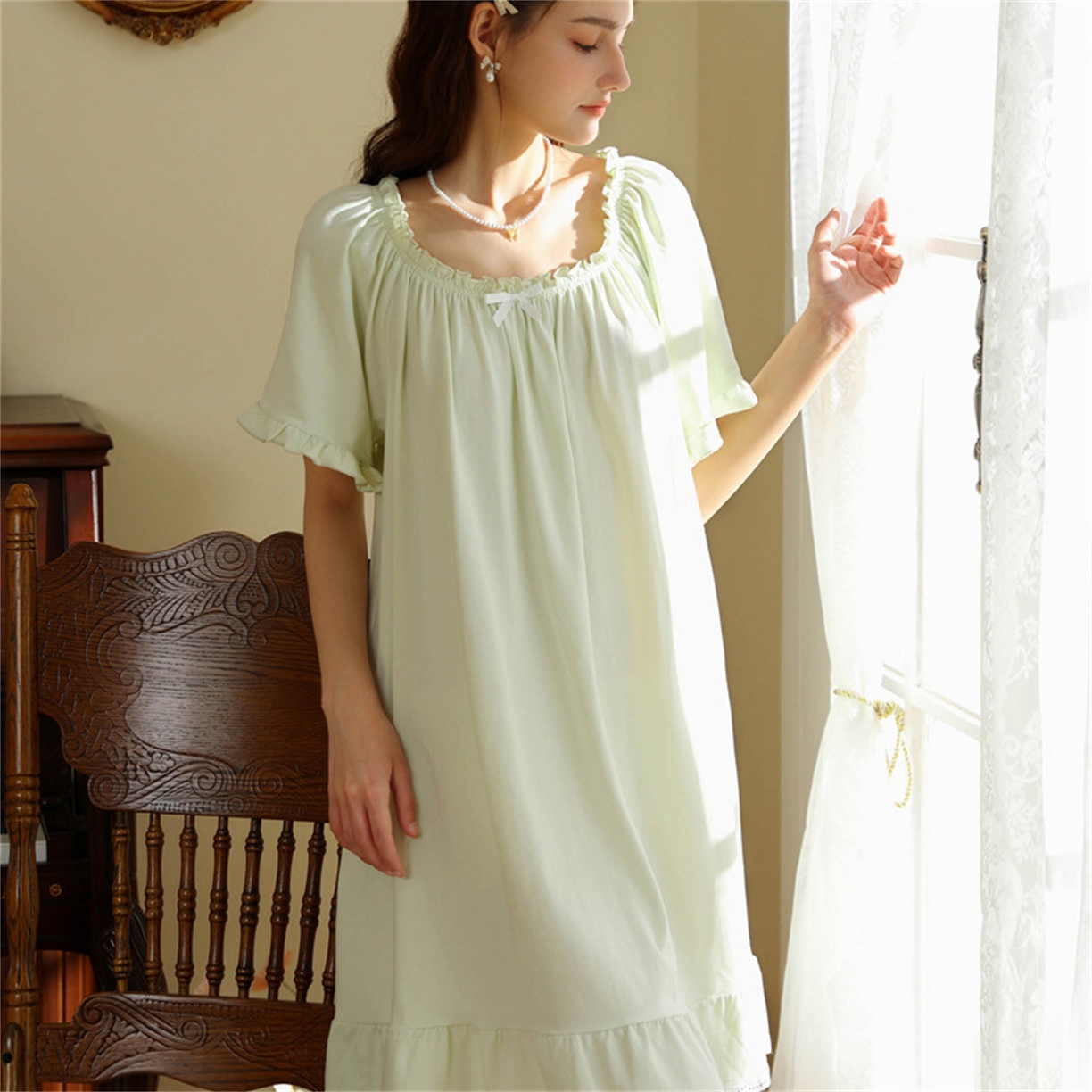 91家纺网 家纺一手货源 找家纺 洛兰沙家居馆 2026新款睡裙短袖新品宽松大码短裙女夏宫廷甜美公主可爱批发睡衣家居服 花色9