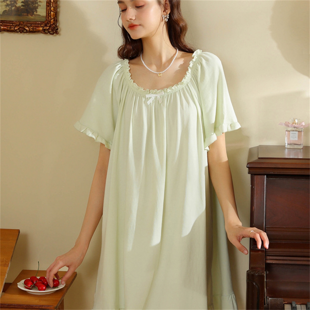 91家纺网 家纺一手货源 找家纺 洛兰沙家居馆 2026新款睡裙短袖新品宽松大码短裙女夏宫廷甜美公主可爱批发睡衣家居服 花色9