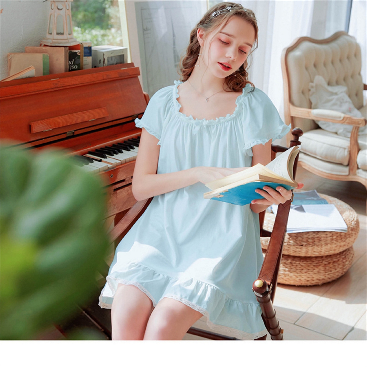 91家纺网 家纺一手货源 找家纺 洛兰沙家居馆 2026新款睡裙短袖新品宽松大码短裙女夏宫廷甜美公主可爱批发睡衣家居服 花色11