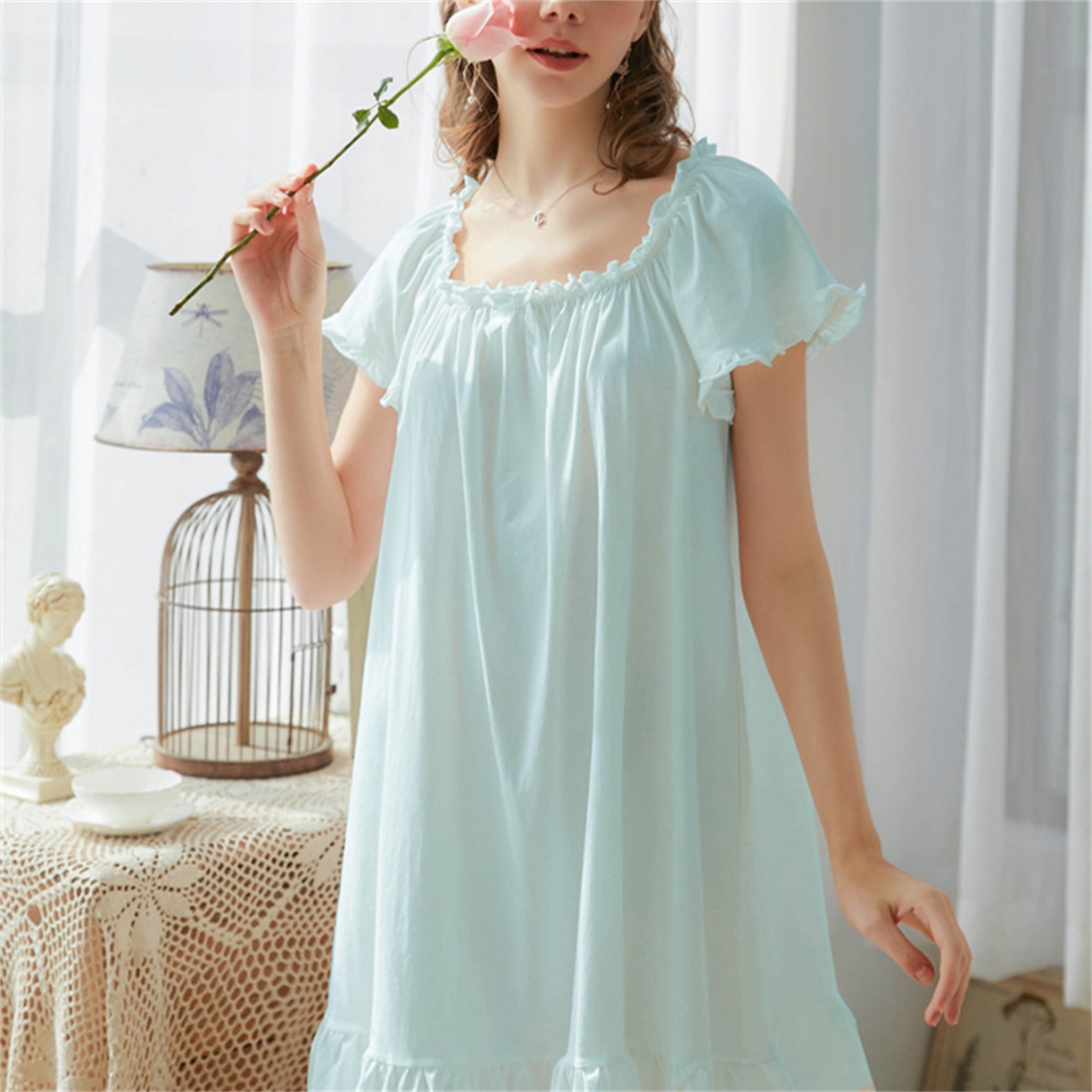 91家纺网 家纺一手货源 找家纺 洛兰沙家居馆 2026新款睡裙短袖新品宽松大码短裙女夏宫廷甜美公主可爱批发睡衣家居服 花色11