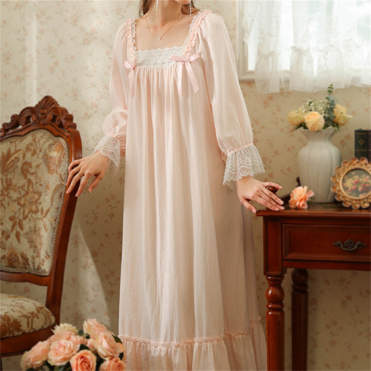 91家纺网 家纺一手货源 找家纺 （总） 洛兰沙家居馆 2026新款春秋睡裙法式公主长袖甜美睡衣女长裙宽松宫廷风批发跨境新款家居