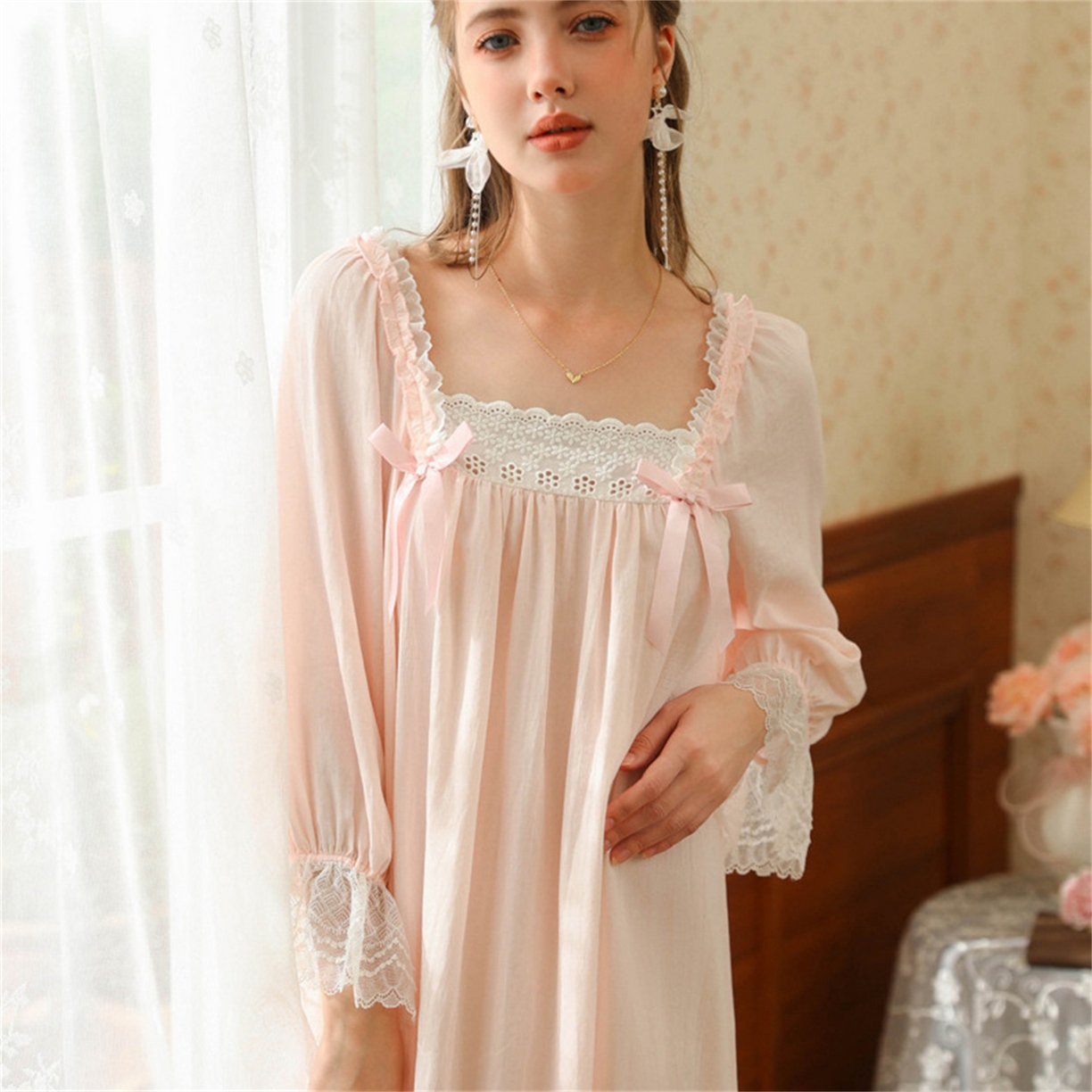 91家纺网 家纺一手货源 找家纺 （总） 洛兰沙家居馆 2026新款春秋睡裙法式公主长袖甜美睡衣女长裙宽松宫廷风批发跨境新款家居