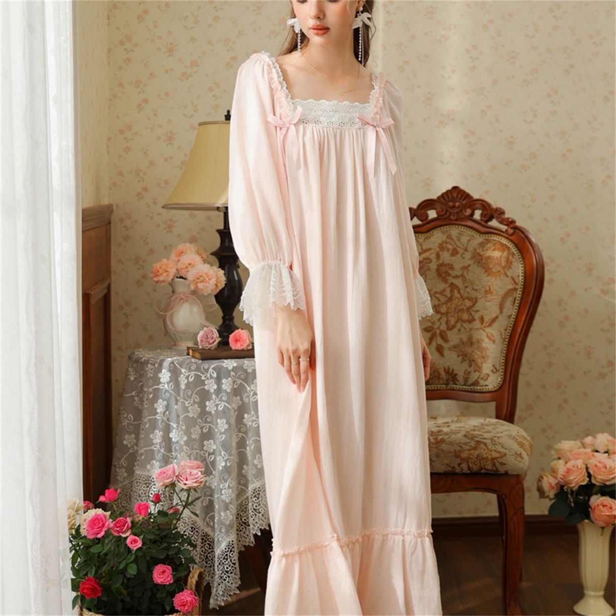 （总） 洛兰沙家居馆 2026新款春秋睡裙法式公主长袖甜美睡衣女长裙宽松宫廷风批发跨境新款家居
