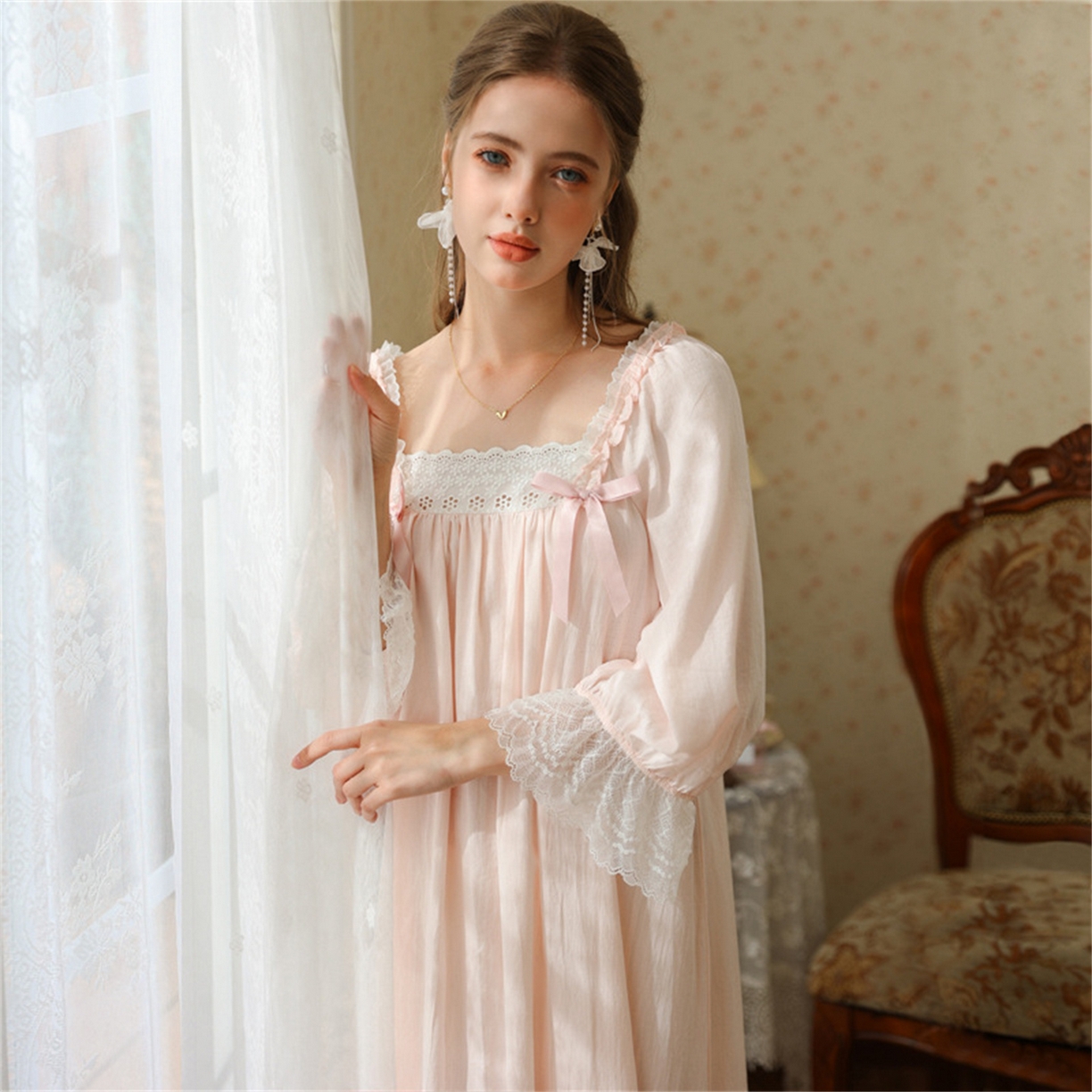 91家纺网 家纺一手货源 找家纺 （总） 洛兰沙家居馆 2026新款春秋睡裙法式公主长袖甜美睡衣女长裙宽松宫廷风批发跨境新款家居