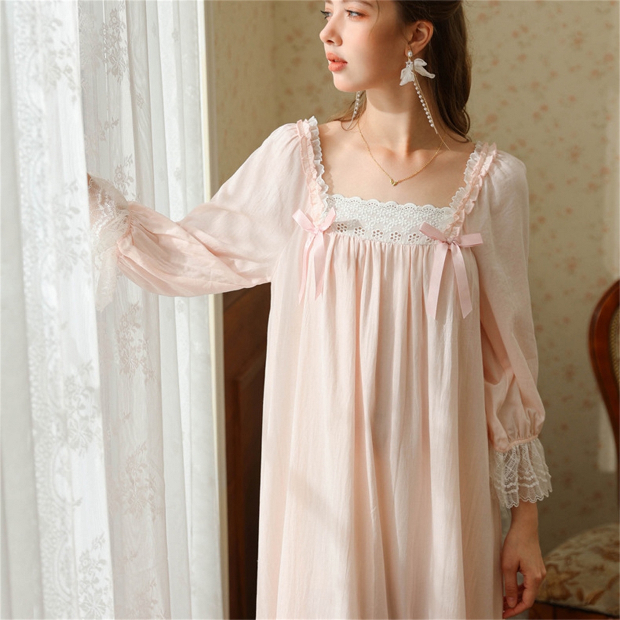 91家纺网 家纺一手货源 找家纺 （总） 洛兰沙家居馆 2026新款春秋睡裙法式公主长袖甜美睡衣女长裙宽松宫廷风批发跨境新款家居