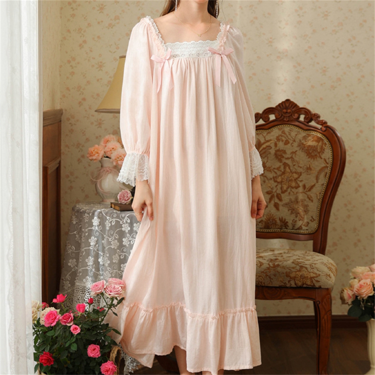 91家纺网 家纺一手货源 找家纺 （总） 洛兰沙家居馆 2026新款春秋睡裙法式公主长袖甜美睡衣女长裙宽松宫廷风批发跨境新款家居