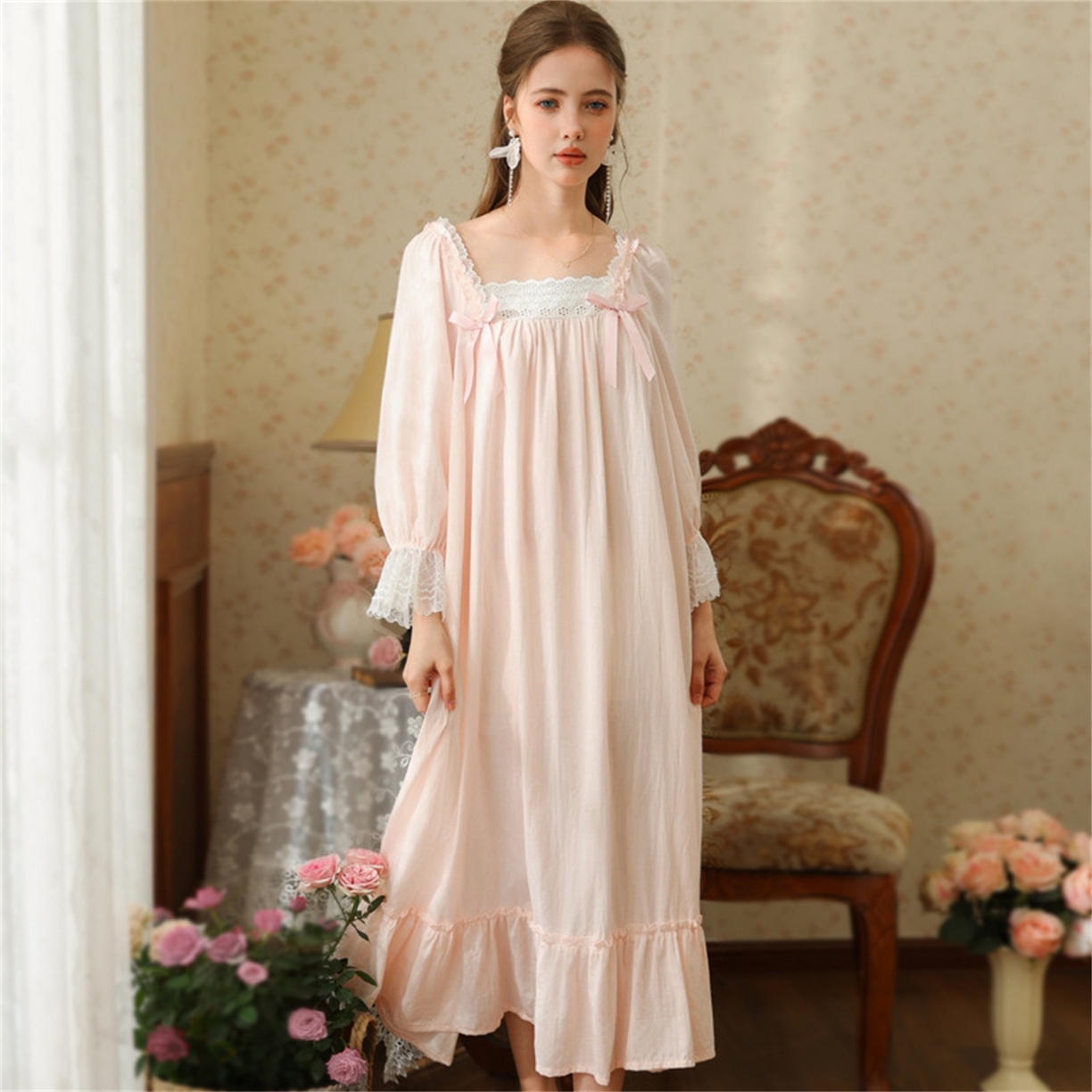 91家纺网 家纺一手货源 找家纺 （总） 洛兰沙家居馆 2026新款春秋睡裙法式公主长袖甜美睡衣女长裙宽松宫廷风批发跨境新款家居