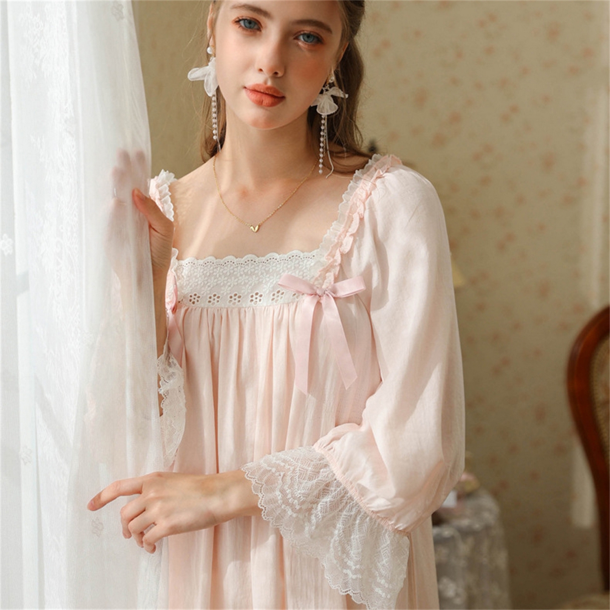 91家纺网 家纺一手货源 找家纺 （总） 洛兰沙家居馆 2026新款春秋睡裙法式公主长袖甜美睡衣女长裙宽松宫廷风批发跨境新款家居