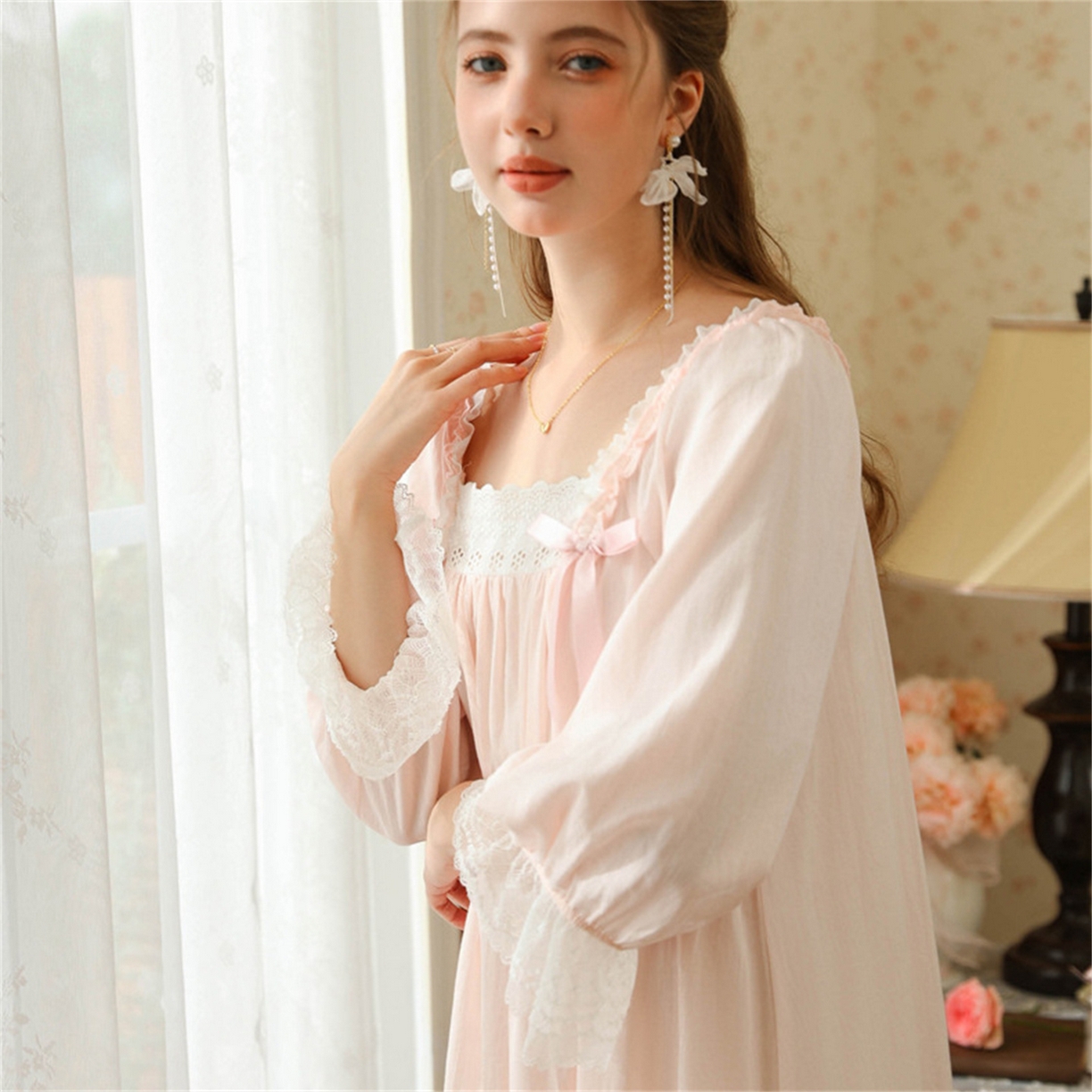 91家纺网 家纺一手货源 找家纺 （总） 洛兰沙家居馆 2026新款春秋睡裙法式公主长袖甜美睡衣女长裙宽松宫廷风批发跨境新款家居