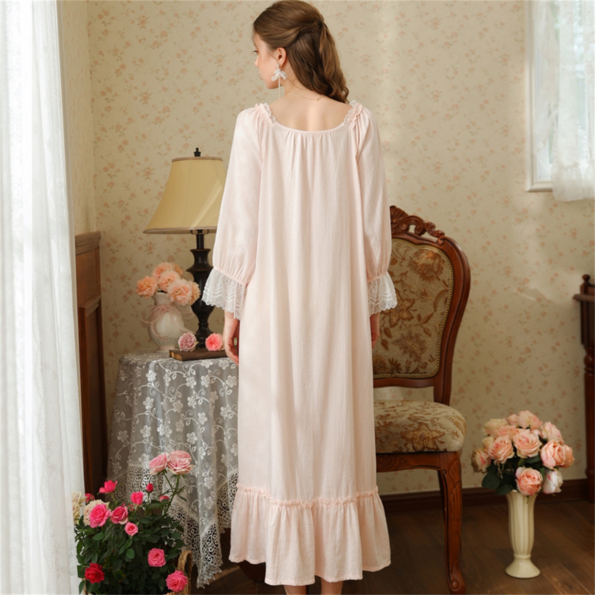 91家纺网 家纺一手货源 找家纺 （总） 洛兰沙家居馆 2026新款春秋睡裙法式公主长袖甜美睡衣女长裙宽松宫廷风批发跨境新款家居