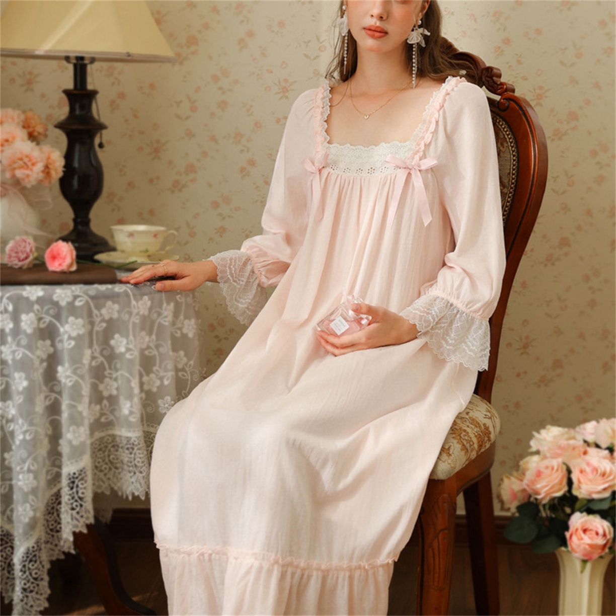 91家纺网 家纺一手货源 找家纺 （总） 洛兰沙家居馆 2026新款春秋睡裙法式公主长袖甜美睡衣女长裙宽松宫廷风批发跨境新款家居