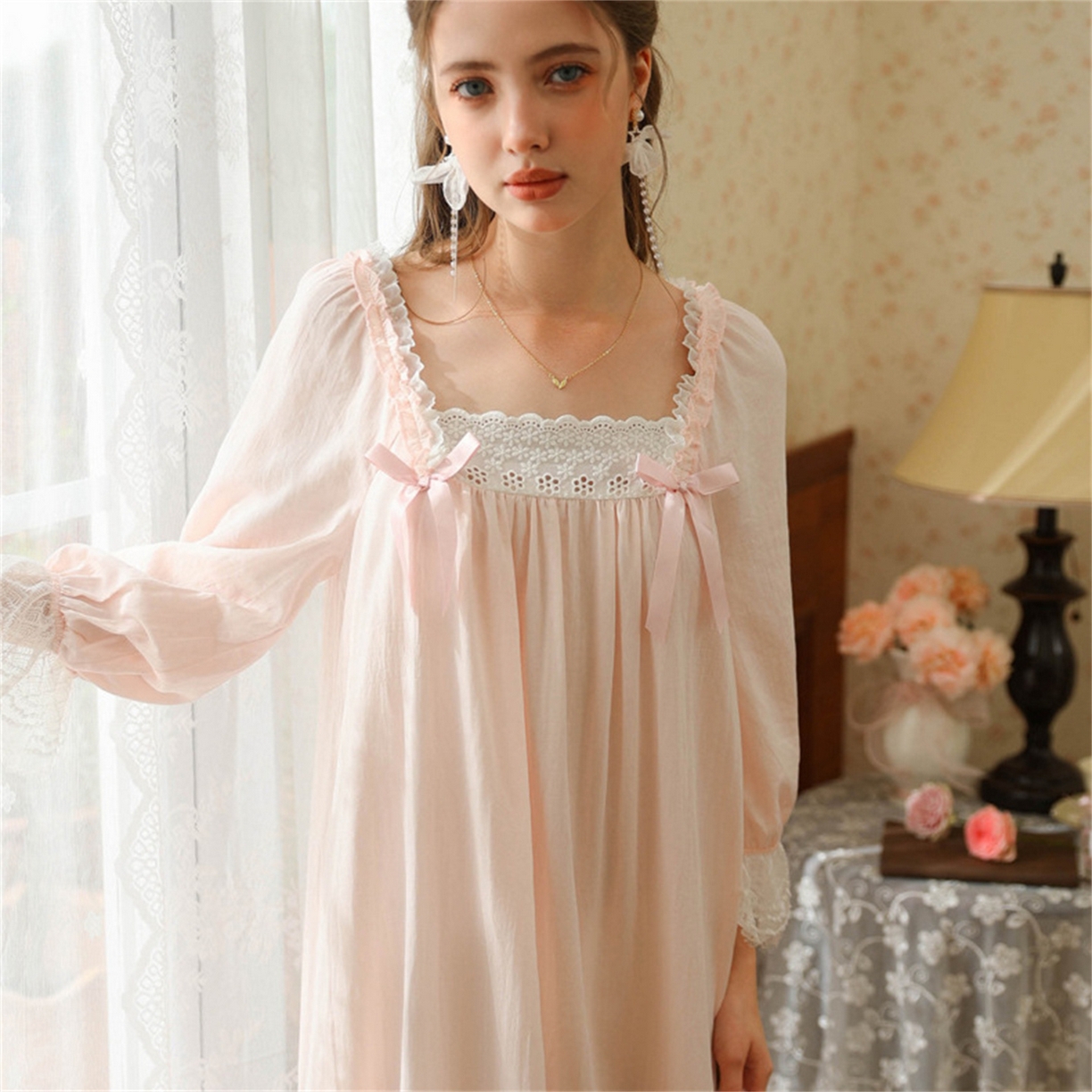 91家纺网 家纺一手货源 找家纺 （总） 洛兰沙家居馆 2026新款春秋睡裙法式公主长袖甜美睡衣女长裙宽松宫廷风批发跨境新款家居