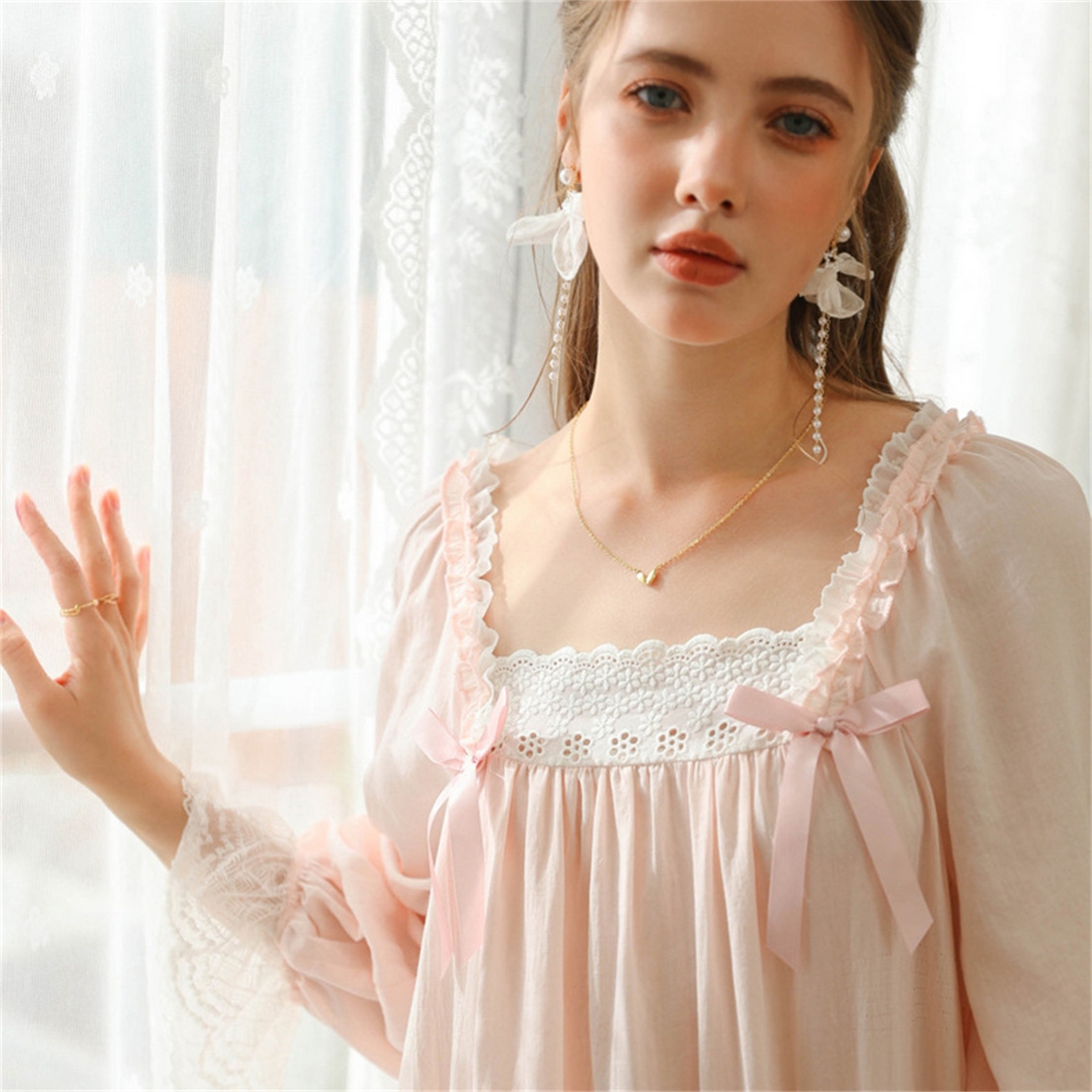 91家纺网 家纺一手货源 找家纺 （总） 洛兰沙家居馆 2026新款春秋睡裙法式公主长袖甜美睡衣女长裙宽松宫廷风批发跨境新款家居