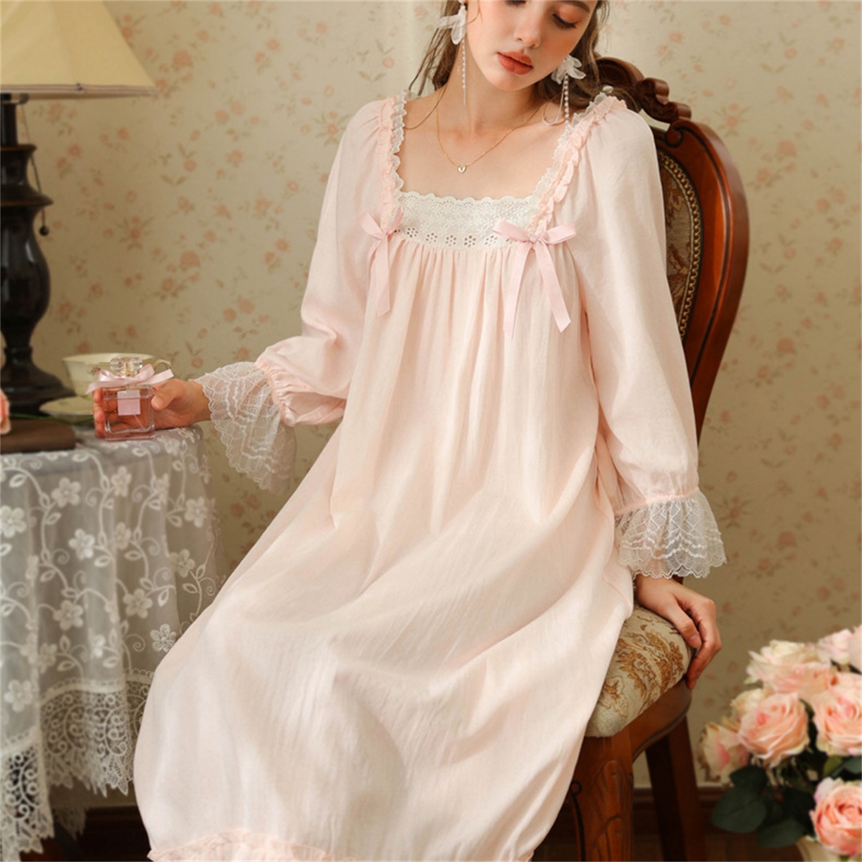 91家纺网 家纺一手货源 找家纺 （总） 洛兰沙家居馆 2026新款春秋睡裙法式公主长袖甜美睡衣女长裙宽松宫廷风批发跨境新款家居