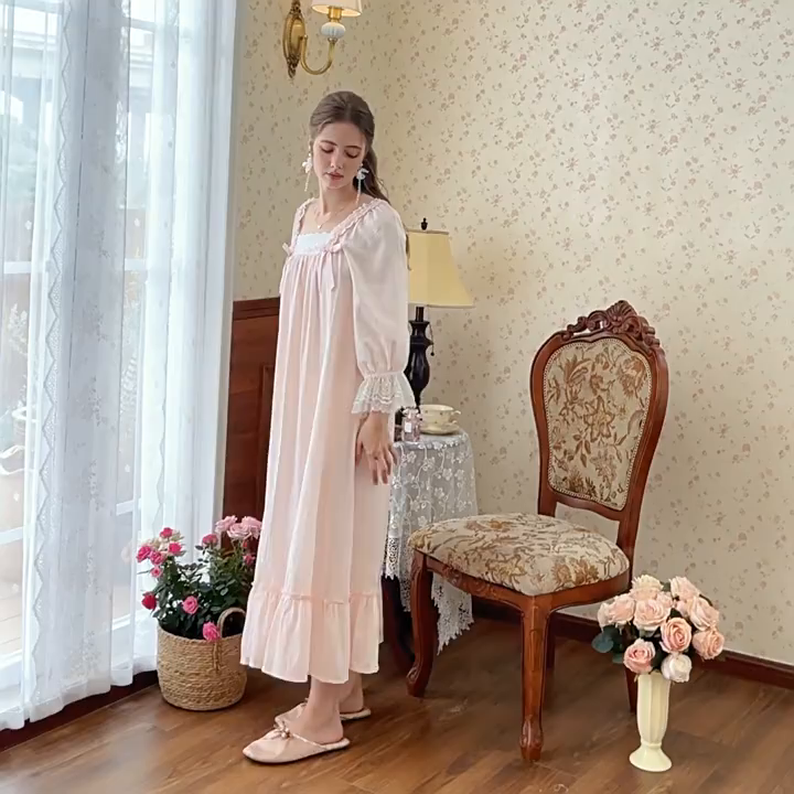 91家纺网 家纺一手货源 找家纺 （总） 洛兰沙家居馆 2026新款春秋睡裙法式公主长袖甜美睡衣女长裙宽松宫廷风批发跨境新款家居