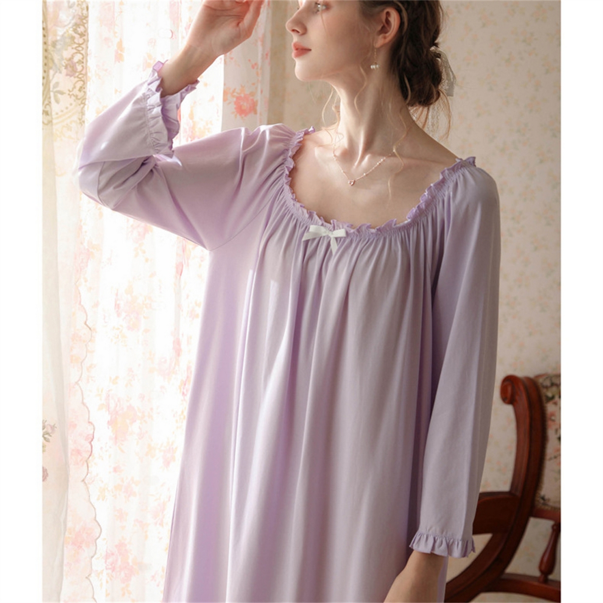 91家纺网 家纺一手货源 找家纺 （总） 洛兰沙家居馆  2026新款法式春秋长款睡衣少女长袖薄款宽松大码跨境出口批发家居服睡裙