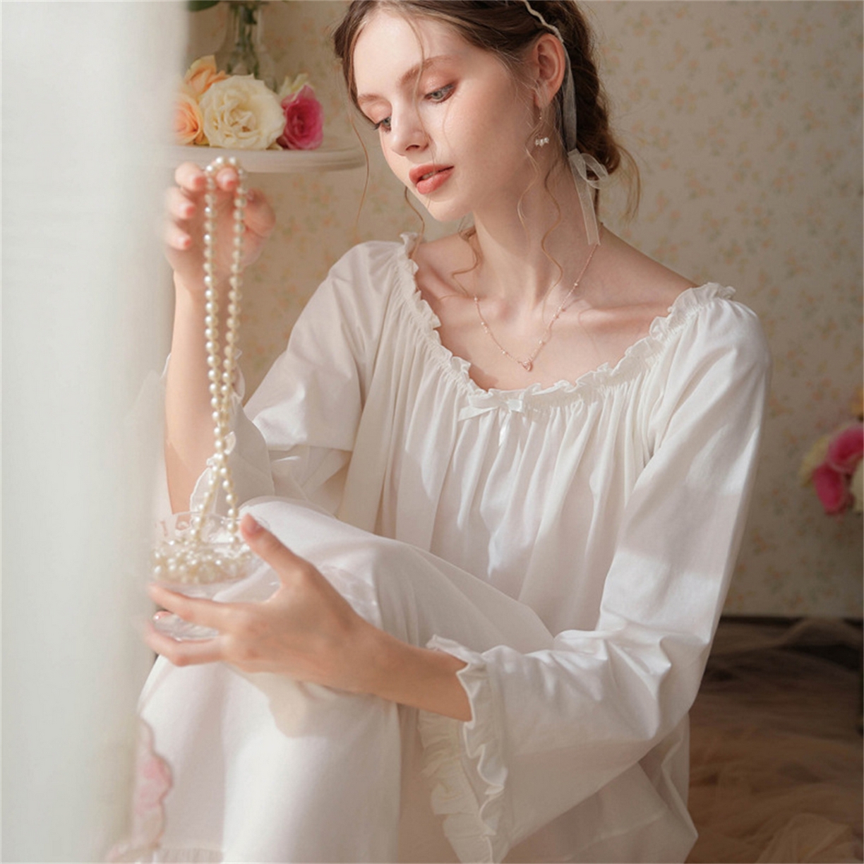 91家纺网 家纺一手货源 找家纺 （总） 洛兰沙家居馆  2026新款法式春秋长款睡衣少女长袖薄款宽松大码跨境出口批发家居服睡裙