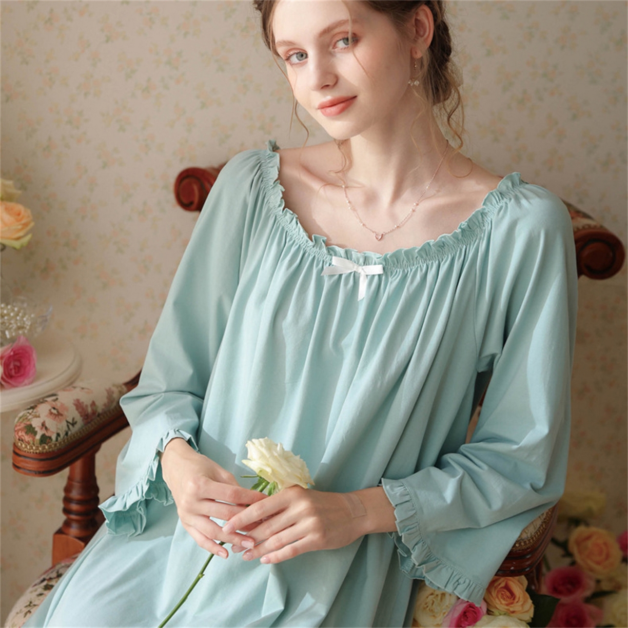 91家纺网 家纺一手货源 找家纺 （总） 洛兰沙家居馆  2026新款法式春秋长款睡衣少女长袖薄款宽松大码跨境出口批发家居服睡裙