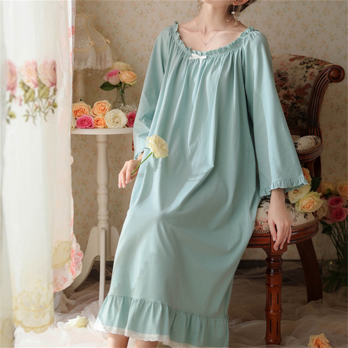 91家纺网 家纺一手货源 找家纺 （总） 洛兰沙家居馆  2026新款法式春秋长款睡衣少女长袖薄款宽松大码跨境出口批发家居服睡裙