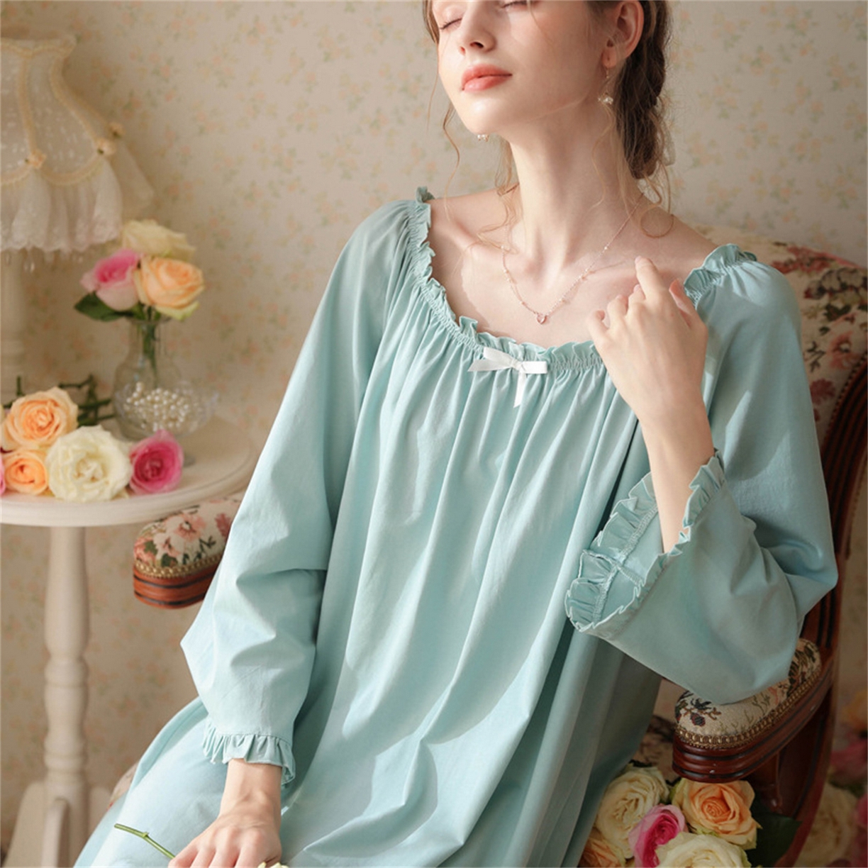 91家纺网 家纺一手货源 找家纺 （总） 洛兰沙家居馆  2026新款法式春秋长款睡衣少女长袖薄款宽松大码跨境出口批发家居服睡裙