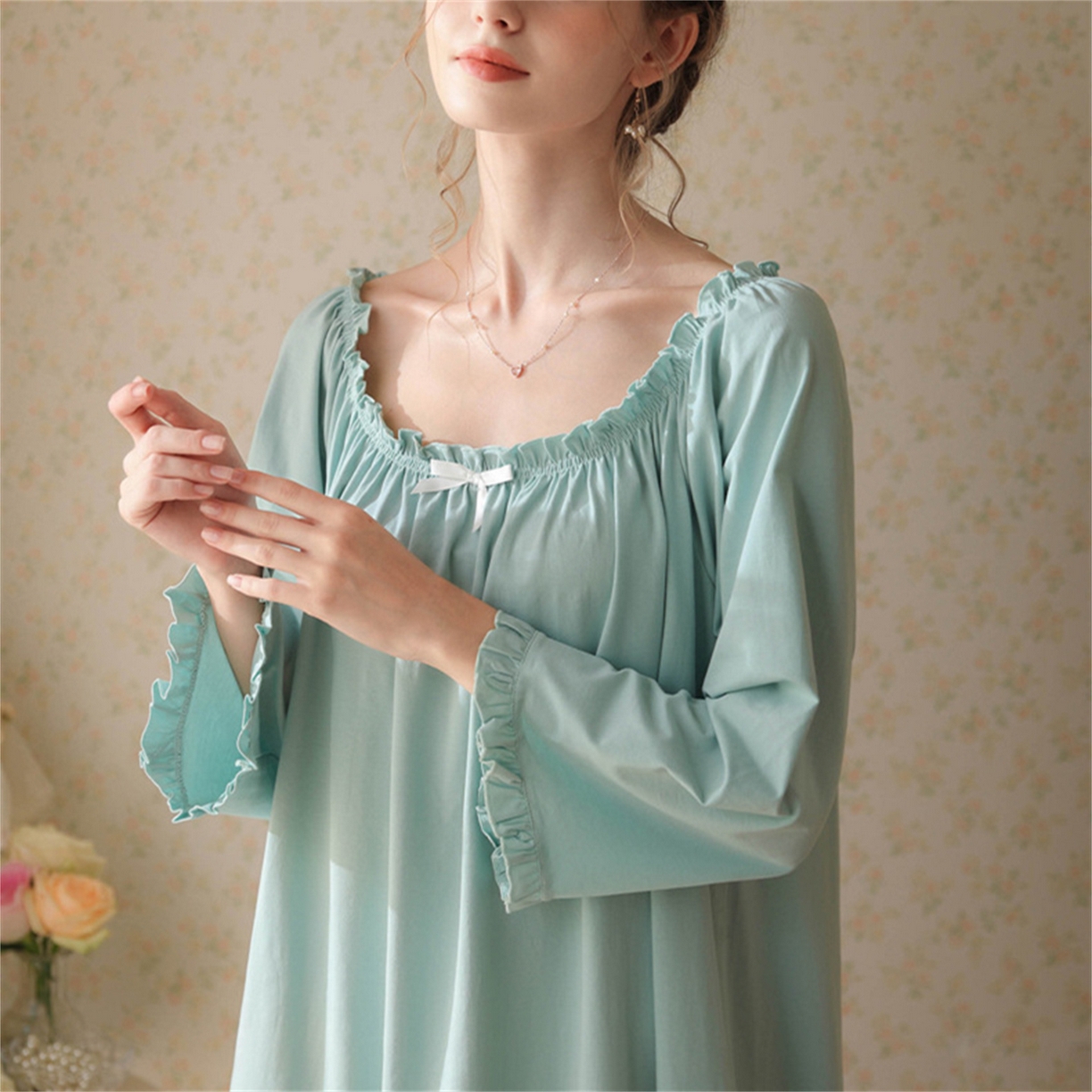 （总） 洛兰沙家居馆  2026新款法式春秋长款睡衣少女长袖薄款宽松大码跨境出口批发家居服睡裙