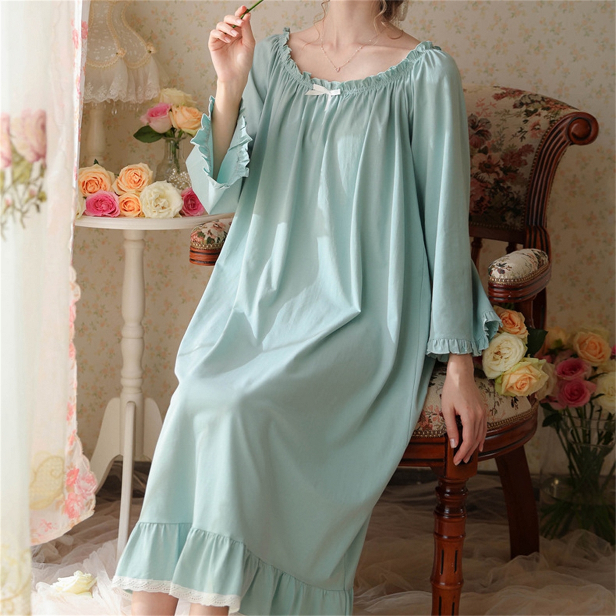 91家纺网 家纺一手货源 找家纺 （总） 洛兰沙家居馆  2026新款法式春秋长款睡衣少女长袖薄款宽松大码跨境出口批发家居服睡裙